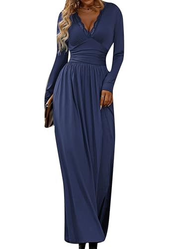 ZICUE Lady’s Taille Faltenrock Kleid Herbst Einfarbig Gespaltenes Kleid Lange Ärmel Schlitz Club Kleid Marineblau M von ZICUE