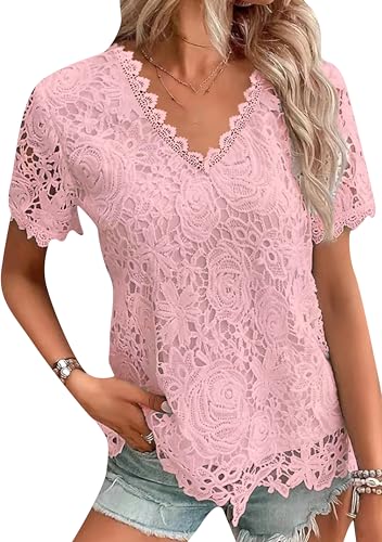 ZICUE Mode V Ausschnitt Spitze Kurzarm Für Frauen Sommer Lässig Einfarbig Kurzarm Lose Strand Kurzarm Rosa 5XL von ZICUE