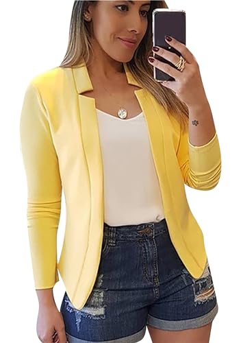 ZICUE Trendiger Vorne Offener Kurzblazer Für Frauen Legerer Langarm-Blazer Mit Revers Leichter Kurzblazer Fürs Büro Gelb 3XL von ZICUE