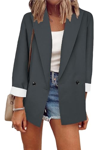 ZICUE Trendy Langarm Blazer Mit Offener Front Für Frauen Revers Einfarbig Knopf Business Arbeit Büro Blazer Dunkelgrau S von ZICUE