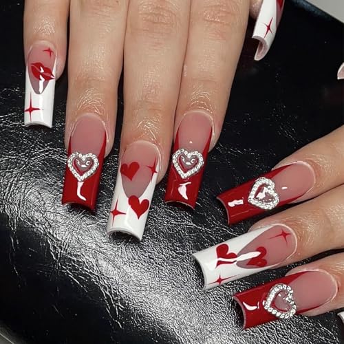 24 Pcs Long Coffin Press Auf Nails Square Designs Mit 3D Charme Full Covers Valentinstag Geschenk Für Frauen Und Mädchen von ZIDDAR