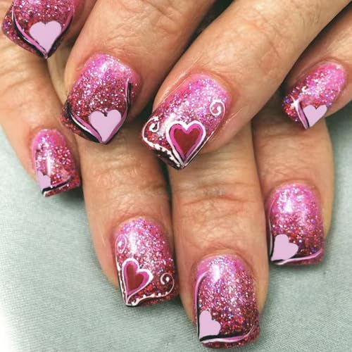24 Stück Kurzquadrat Valentinstag Presse Auf Nägeln Lieben Herz Glänzen Falsche Nägel Für Frauen Maniküre NAI Dekore von ZIDDAR