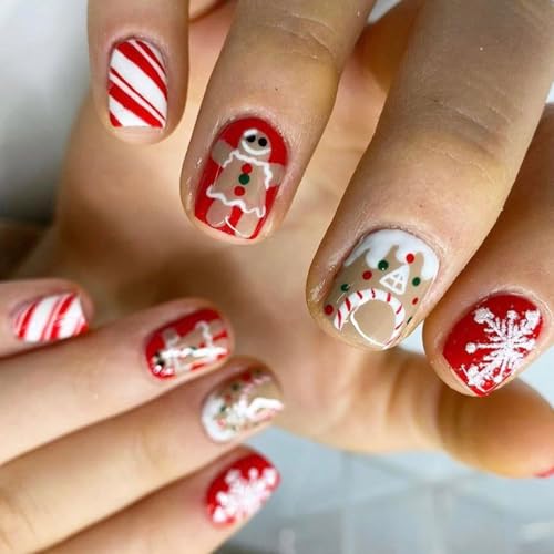 Kurze Quadratische Künstliche Nägel Mit Lebkuchenmann Designs Candy House Nagelnägel Zum Aufkleben Weihnachtsnägel Zum Aufdrücken Für Frauen von ZIDDAR