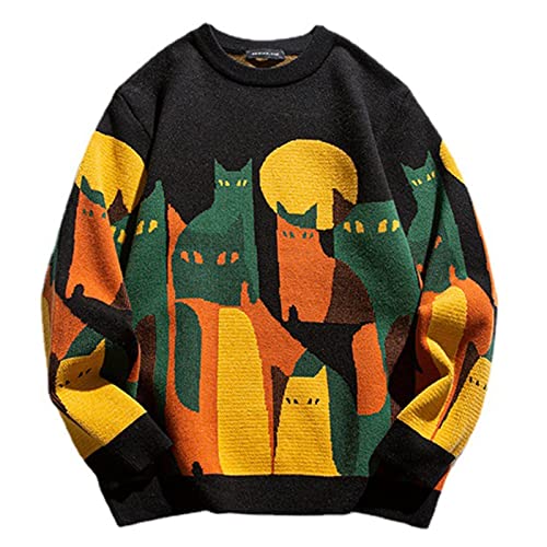 ZIFIS Lässiger Strickpullover Männer Frauen Japanischer Cartoon Voller Katzendruck Streetwear Pullover Unisex Frühling Harajuku Loser Pullover (Color : Black1, Size : L) von ZIFIS