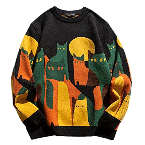 ZIFIS Lässiger Strickpullover Männer Frauen Japanischer Cartoon Voller Katzendruck Streetwear Pullover Unisex Frühling Harajuku Loser Pullover (Color : Black1, Size : XL) von ZIFIS