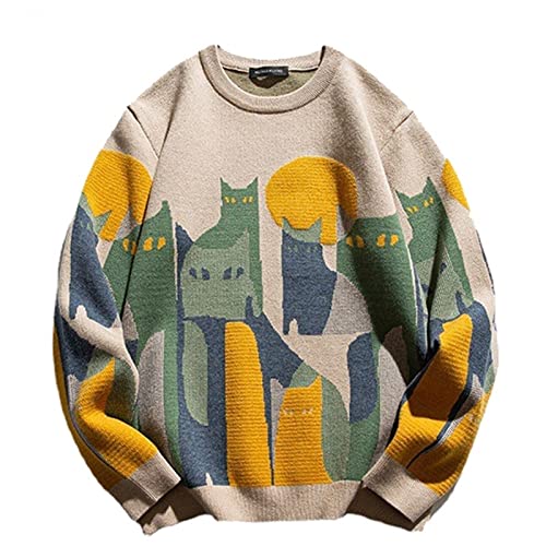 ZIFIS Lässiger Strickpullover Männer Frauen Japanischer Cartoon Voller Katzendruck Streetwear Pullover Unisex Frühling Harajuku Loser Pullover (Color : Khaki1, Size : XL) von ZIFIS