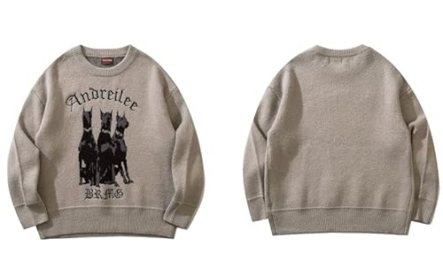 ZIFIS Männer Vintage Pullover Y2K Streetwear Hip Hop Vintage Strick Dobermann Hundepullover Herbst Harajuku Retro Lässige Pullover (Color : Grey Khaki1, Size : M) von ZIFIS