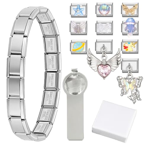 ZIGefofo 13 Stück Italian Charm Bracelet Set | 1 Italian Charms Armband +10 Abnehmbar Modul + 1 Öffnungswerkzeugen + 1 Geschenkbox Italian Charms Silber Edelstahl 9mm Italienische Farben Schmuck von ZIGefofo
