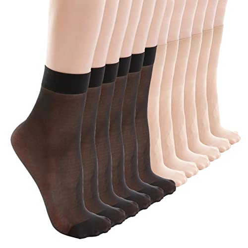 ZIHUA 12 Paar Nylon Socken Damen 39-42, Füßlinge, Schwarz, Hautfarben (Einheitsgröße, Schwarz+Hautfarbe) von ZIHUA