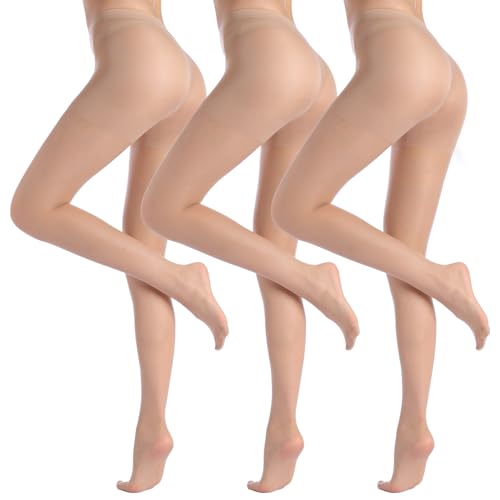 ZIHUA 3 Paar Transparente Strumpfhose Damen Hautfarbe, 15 Den Seidenstrumpfhose Damen Hautfarbe(Hautfarbe,L) von ZIHUA