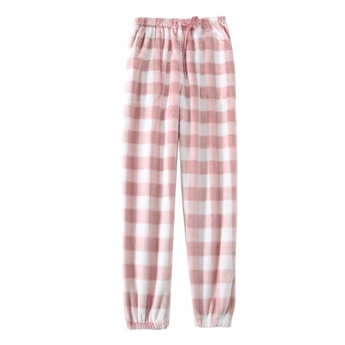 Damen flauschig gepolstert karierte Pyjamahose, Winter Komfort und warme gepolsterte Hose, gepolsterte Fleece-Hose mit Taschen, Home Jogger lose lässige Sweatpants Weihnachten (Rosa kariert, L) von ZIKGER