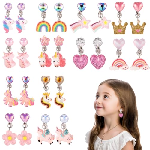 12 Paar Klipp Ohrringe Kinder Mädchen, Ohrclips Mädchen, Ohrklipser Kinder, Clip Ohrringe Mädchen, Ohrklipser Kinder, Magnet Ohrringe Mädchen, Einhorn-Regenbogen-Ohrring Set von ZILZUFA