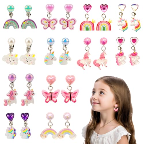 12 Paar Klipp Ohrringe Kinder Mädchen, Ohrclips Mädchen, Ohrklipser Kinder, Clip Ohrringe Mädchen, Ohrklipser Kinder, Magnet Ohrringe Mädchen, Einhorn-Regenbogen-Prinzessin-Ohrring Set von ZILZUFA