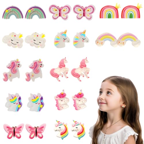 12 Paar Klipp Ohrringe Kinder Mädchen, Ohrclips Mädchen, Ohrklipser Kinder, Clip Ohrringe Magnet, Hübsch-Einhorn-Prinzessin-Ohrring Set von ZILZUFA