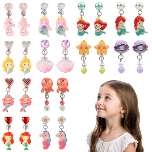 12 Paar Klipp Ohrringe Kinder Mädchen, Ohrclips Mädchen, Ohrklipser Kinder, Clip Ohrringe Mädchen, Ohrklipser Kinder, Magnet Ohrringe Mädchen, Meerjungfrau-Prinzessin-Ohrring Set von ZILZUFA