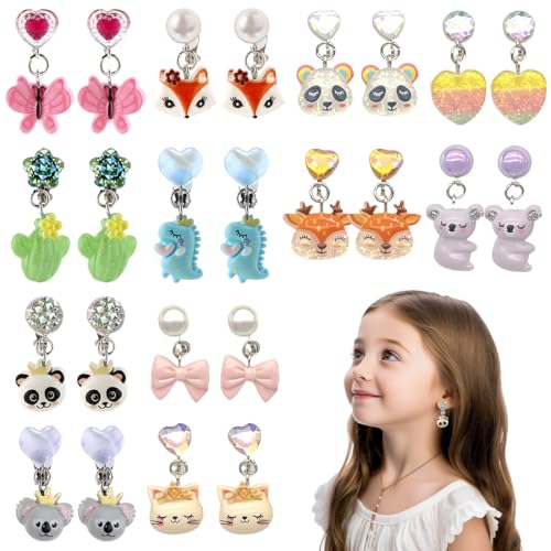 12 Paar Klipp Ohrringe Kinder Mädchen, Ohrclips Mädchen, Ohrklipser Kinder, Clip Ohrringe Mädchen, Ohrklipser Kinder, Magnet Ohrringe Mädchen, Prinzessin-Ohrring Set, Tier von ZILZUFA