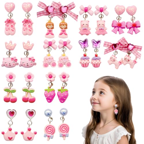 12 Paar Klipp Ohrringe Kinder Mädchen, Ohrclips Mädchen, Ohrklipser Kinder, Clip Ohrringe Mädchen, Ohrklipser Kinder, Magnet Ohrringe Mädchen, Rosenrot-Schleife-Prinzessin-Ohrring Set von ZILZUFA
