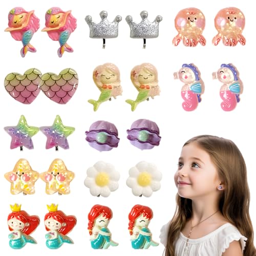 12 Paar Klipp Ohrringe Kinder Mädchen, Ohrclips Mädchen, Ohrklipser Kinder, Clip Ohrringe Mädchen, Ohrklipser Kinder, Magnet Ohrringe Mädchen, Schön-Meerjungfrau-Prinzessin-Ohrring Set von ZILZUFA
