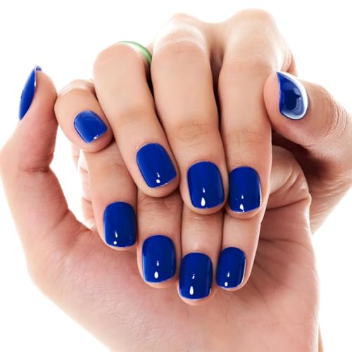 24 Pcs Press On Nägel Kurz, Eckige Künstliche Fingernägel zum Aufkleben, Acryl Press On Nails French, Full Cover Künstliche Nägel für Frauen und Mädchen (Blau) von ZILZUFA