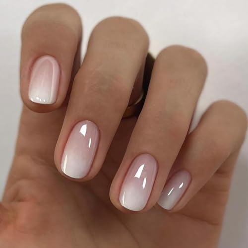 24 Pcs Press On Nägel Kurz, Eckige Künstliche Fingernägel zum Aufkleben, Acryl Press On Nails French, Full Cover Künstliche Nägel für Frauen und Mädchen (Klassisch) von ZILZUFA