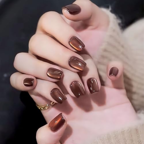 24 Pcs Press On Nägel Kurz, Eckige Künstliche Fingernägel zum Aufkleben, Acryl Press On Nails French, Full Cover Künstliche Nägel für Frauen und Mädchen (Maillard) von ZILZUFA