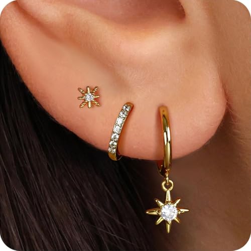 3 Paar Ohrringe Silber 925 Set für Damen 14K Vergoldet Kleine Creolen Ohrstecker Silber Gold mit Zirkonia Anhänger Stapelbar Wasserfest Stecker Ohrringe Set für Mehrere Ohrlöcher Schmuck Geschenk von ZILZUFA