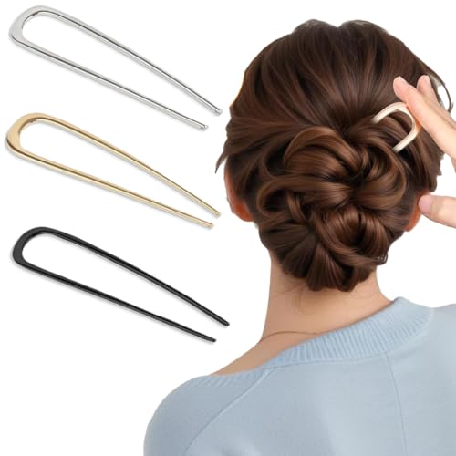 3 Stück French Hair Pin Metall Französische Haarnadel 14cm French Twist Hair Pin U-Förmige Haargabel Groß Haarpin Hair Pins French Clip für Frauen Mädchen Alle Haartypen (Gold, Silber, Schwarz) von ZILZUFA