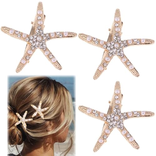 3 Stück Seestern Haarspangen, Haarklemmen Seestern, Mädchen Blumenmädchen-Zubehör, Haarspange für meerjungfrau kostüm, Hochzeit, Diamant Haarspange Haarnadel von ZILZUFA