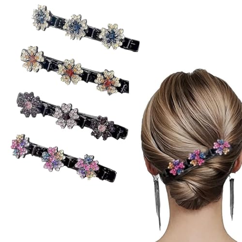 4 Stück Doppelschicht Haarspange, Kolibri Haarspange mit Kristallblume, Glitzer Haarspangen, Geflochtene Haarspangen, Haarschmuck Blumen, Damen Mädchen für Elegante Haarstyling Clips von ZILZUFA