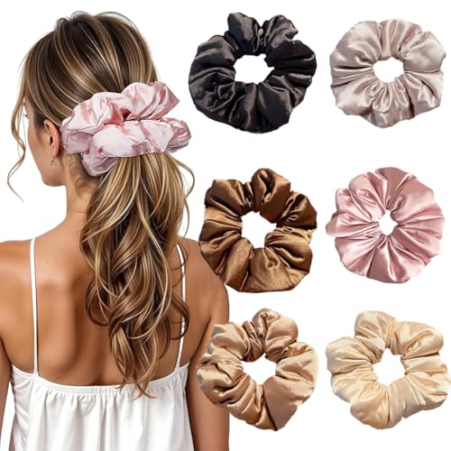 6 Stück Scrunchies Groß Seiden Haargummi Damen Silk Scrunchies Seide, Seiden Scrunchie Satin für Damen, Scrunchies Haargummi für Damen Frauen Mädchen 6 Farben von ZILZUFA