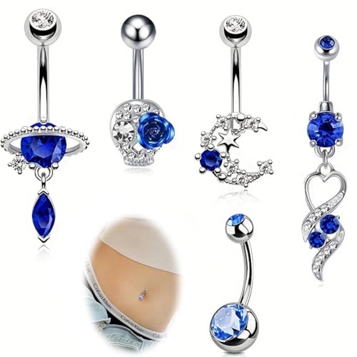ZILZUFA Bauchnabelpiercing Chirurgenstahl, Belly Piercing Stablänge Bauchnabel Silber Blau mit Perlen Strass, Piercing Bauchnabel Titan Clip Geschenk für Frauen Schmuck von ZILZUFA