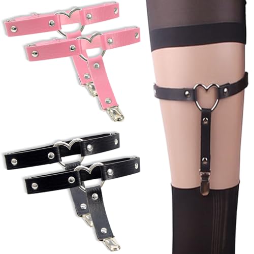 Damen Strapsgürtel, 4 Stück Leder Bein Strumpfband Damen Verstellbar Punk Gothic Strumpfband Schwarz Rosa Anti Rutsch Clip Strumpfhalter Halloween Karneval Cosplay Party Zubehör von ZILZUFA