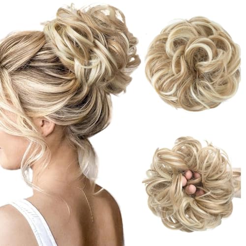 Haarteil Mit Gummiband, Groß Dutt Haarteil Blond Gelockt Haargummi Mit Haaren Dutt Haargummi, Hochsteckfrisuren Haarverlängerung Messy Bun Haarteile für Damen Mädchen Pferdeschwanz von ZILZUFA