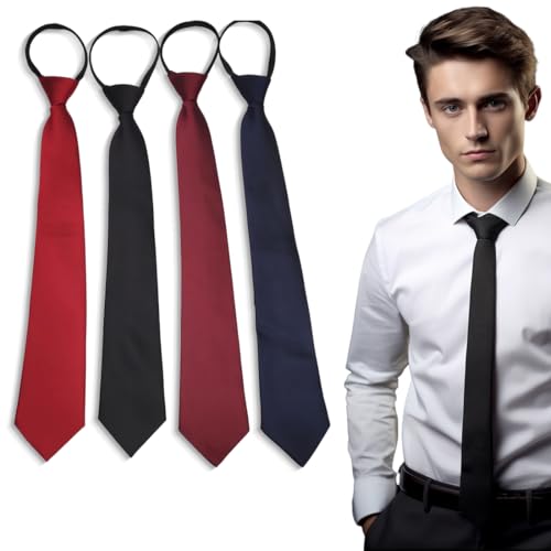 Krawatten für Herren Tie Set, 4 Stück Krawatte Schlips Schwarz Dunkelblau Rot DunkelRot Schmal Krawatte Seide mit Gummizug Reißverschluss Kinderkrawatte für Herren Jungen Kinder Sicherheitskrawatte von ZILZUFA