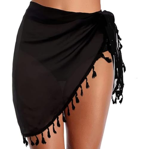 Schwarz Damen Strand Sarong Tuch Wrap Vertuschung mit Fransen, Wickelkleid Strand Strandtuch Damen, Bikini Cover Up Damen, Strandrock Strandurlaub Strandwickelkleid Damen Sommer von ZILZUFA
