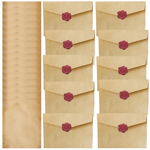 Vintage Briefpapier mit Umschlag Set, Briefpapier Edel Schreiben mit 10 papier Umschläge, 16 Briefpapier Vintage A5 und 10 Wachssiegel-aufkleber, Briefpapier für Liebesbrief Grußkarten von ZILZUFA