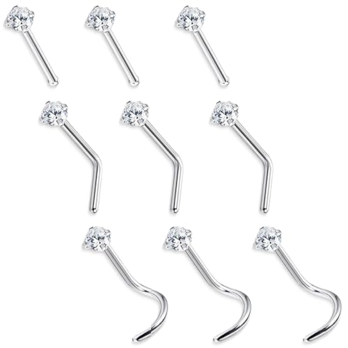 ZILZUFA 9 Stück Nasenpiercing Chirurgenstahl Damen Herren, nose pin zirconia diameter 1.5/2/3 mm, Silber Nasenpiercing Stecker Septum Ringe Nose Nostril Piercing Nasenstecker Nasenring Piercing von ZILZUFA