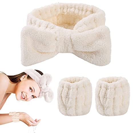 Zinley Spa-Stirnband, Handgelenk, Waschband, Manschetten zum Waschen des Gesichts, Handtuch-Armbänder, Haarband, Gesichtswäsche, Armband für Damen und Mädchen, Weiß, 3 Stück von ZINLEY