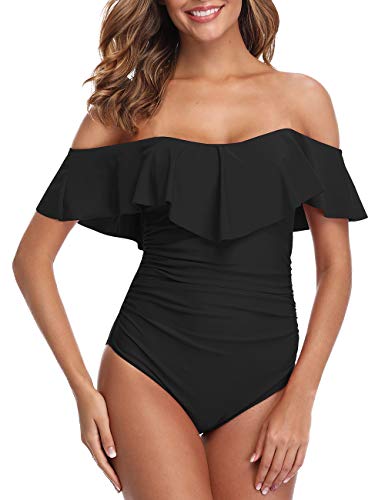 ZINPRETTY Damen-Badeanzug, Retro, einteilig, Bauchkontrolle, schulterfrei, Volant, Monokini - Schwarz - XX-Large von ZINPRETTY