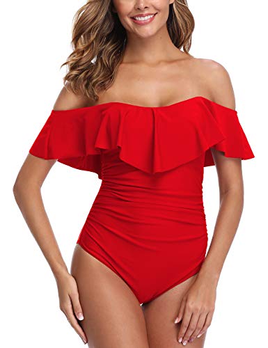 ZINPRETTY Einteiliger Badeanzug, Bauchkontrolle, schulterfrei, Volant, gerüschter Tankini - Rot - X-Large von ZINPRETTY