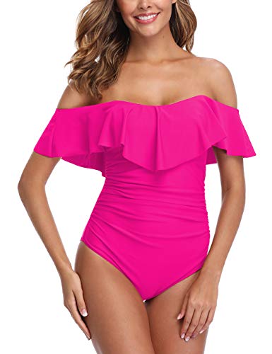 ZINPRETTY Einteiliger Damen-Badeanzug, Retro, Bauchkontrolle, schulterfrei, Volant, gerüscht, Monokini, Badeanzug Rose, Large von ZINPRETTY