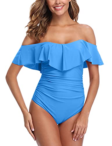 ZINPRETTY Einteiliger Damen-Badeanzug, Retro, Bauchkontrolle, schulterfrei, Volant, gerüscht, Monokini, Hellblauer Einteiler, XL von ZINPRETTY