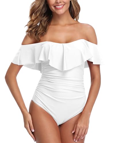 ZINPRETTY Einteiliger Damen-Badeanzug, Retro-Stil, Bauchweg-Effekt, schulterfrei, Volant, gerüscht, Monokini, volle Abdeckung, Medium von ZINPRETTY