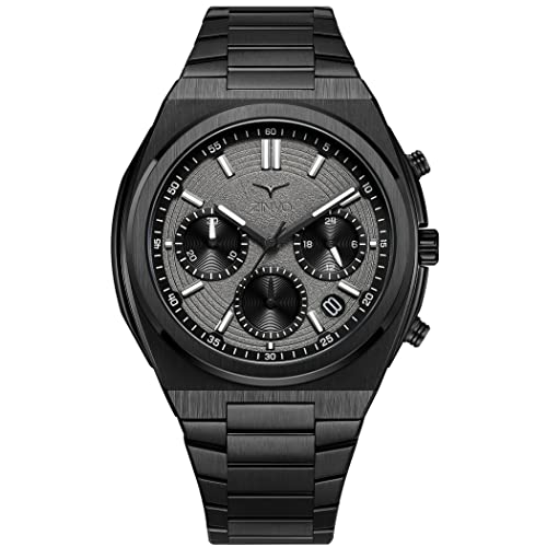 ZINVO Chrono Black Quarz Chronograph Stahl Schwarz Grau Silikon Datum Saphir Uhr Herren, Schwarz , Armband von ZINVO