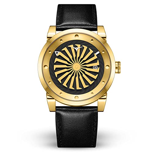 ZINVO Blade Herren Luxus-Uhr mit Automatik-Uhrwerk, schwarzes Lederband, und Gelbgold von ZINVO
