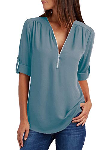 Damen Chiffon Blusen Elegante Reißverschluss Langarmshirts Bluse Tunika Oberteile T-Shirt V-Ausschnitt Tops A Pfauenblau 2XL von ZIOOER