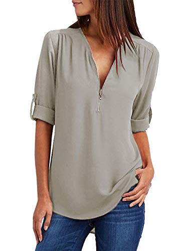 Damen Chiffon Blusen Elegante Reißverschluss Langarmshirts Bluse Tunika Oberteile T-Shirt V-Ausschnitt Tops A Grau 2XL von ZIOOER