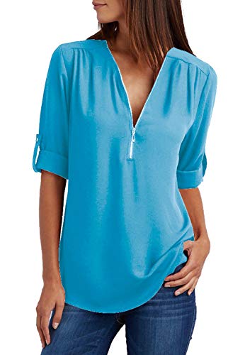 Damen Chiffon Blusen Elegante Reißverschluss Langarmshirts Bluse Tunika Oberteile T-Shirt V-Ausschnitt Tops A Himmelblau 3XL von ZIOOER