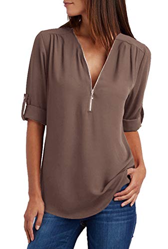 Damen Chiffon Blusen Elegante Reißverschluss Langarmshirts Bluse Tunika Oberteile T-Shirt V-Ausschnitt Tops A Kaffee L von ZIOOER