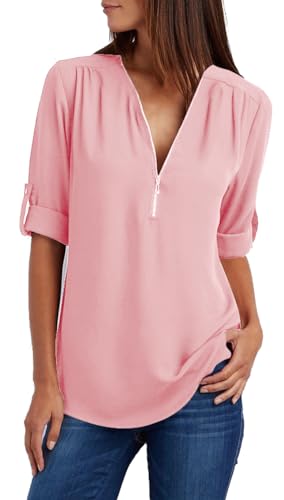 Damen Chiffon Blusen Elegante Reißverschluss Langarmshirts Bluse Tunika Oberteile T-Shirt V-Ausschnitt Tops A Rosa XL von ZIOOER